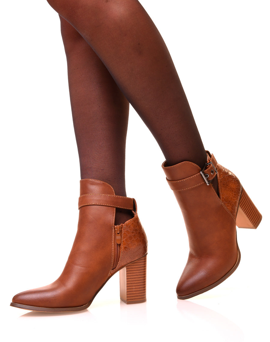 Bottines camel à talons et à bouts pointus bi-matières