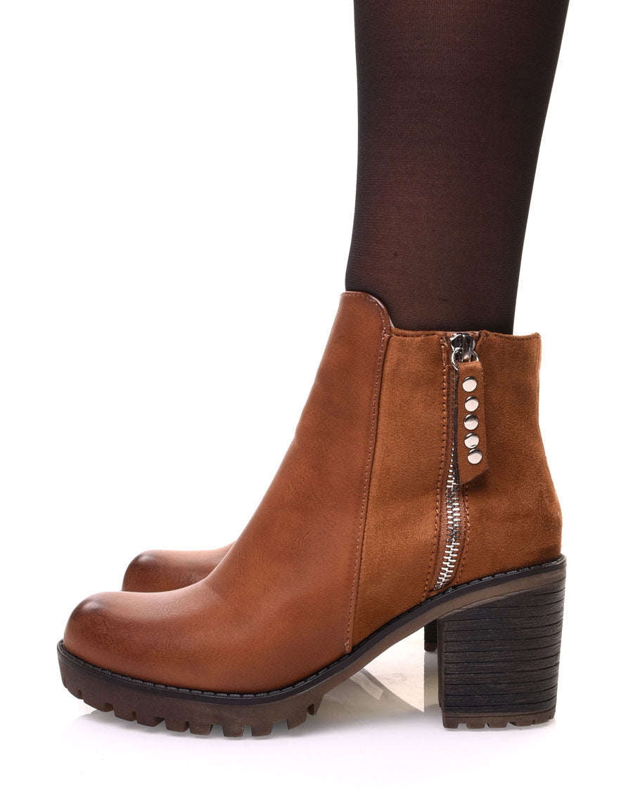 Bottines camelles bi matières à talon mi haut