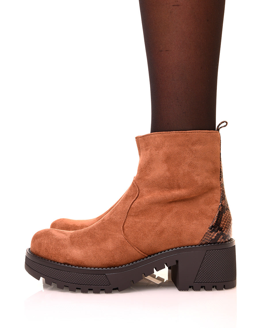 Bottines camelles en suédine à talon épais