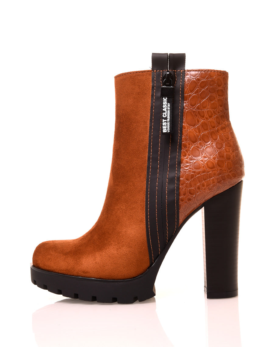Bottines camelles à talons hauts bi matières