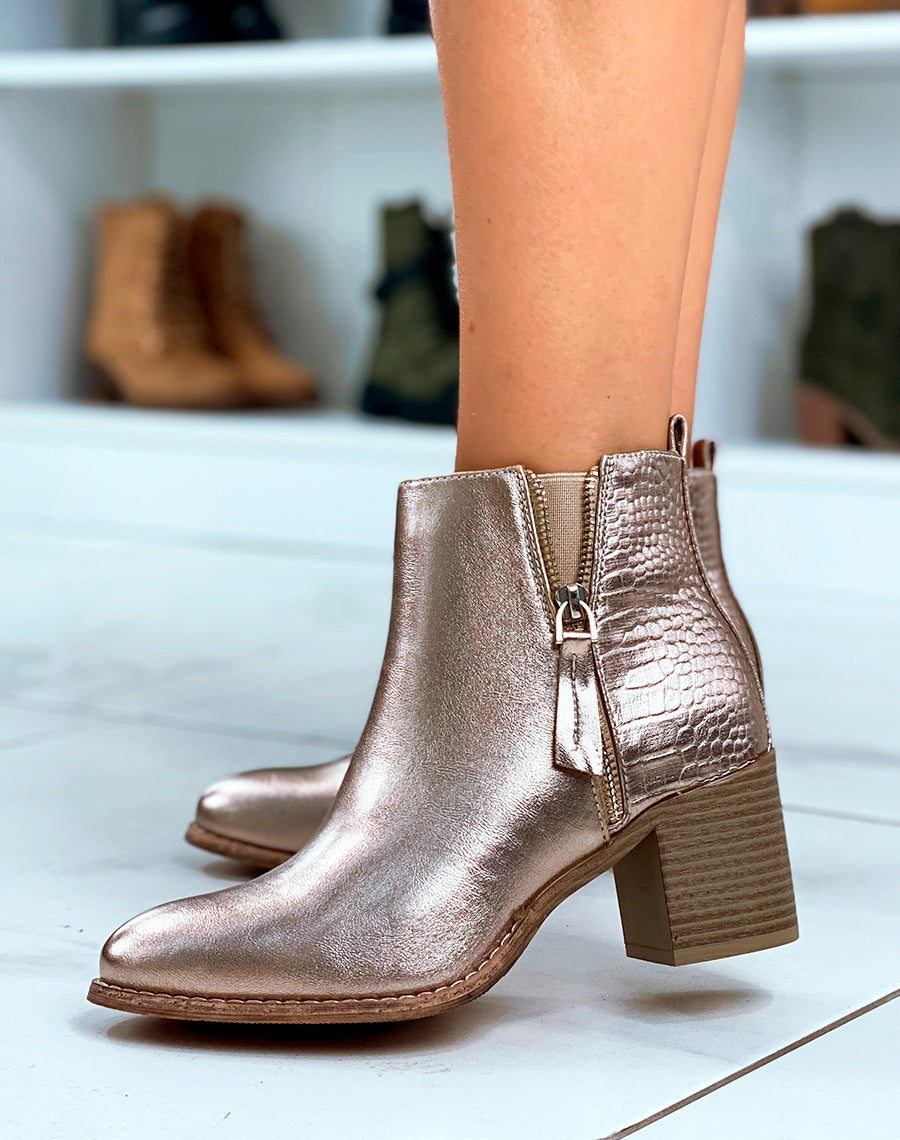 BOTTINES CHAMPAGNE ? TALON CARR? BI-MATI?RE EFFET CROCO