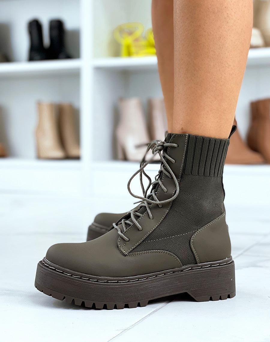 Bottines chaussettes kaki à semelle épaisse