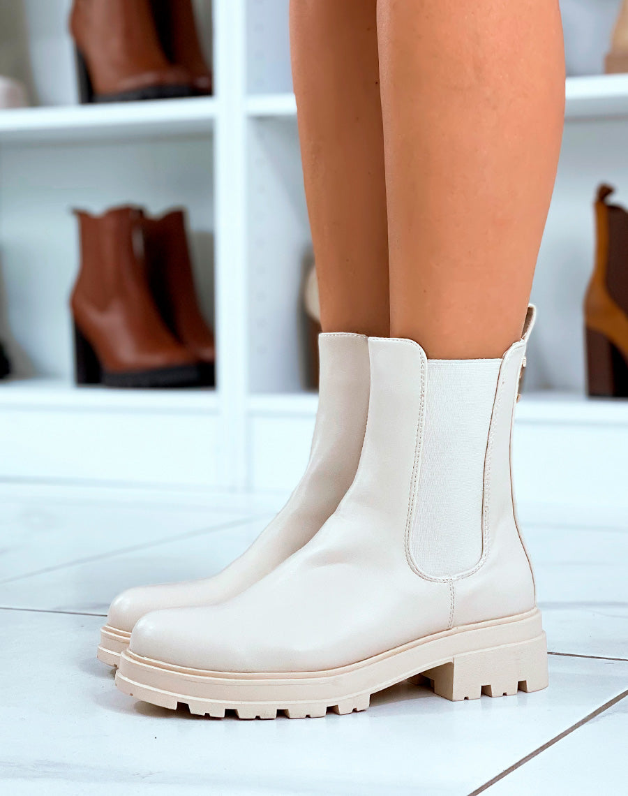 Bottines Chelsea Beige Avec Boucle Dorée