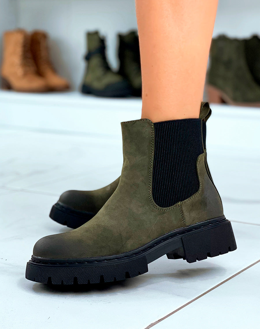 Bottines Chelsea Kaki en Suédine avec Semelle Crantée