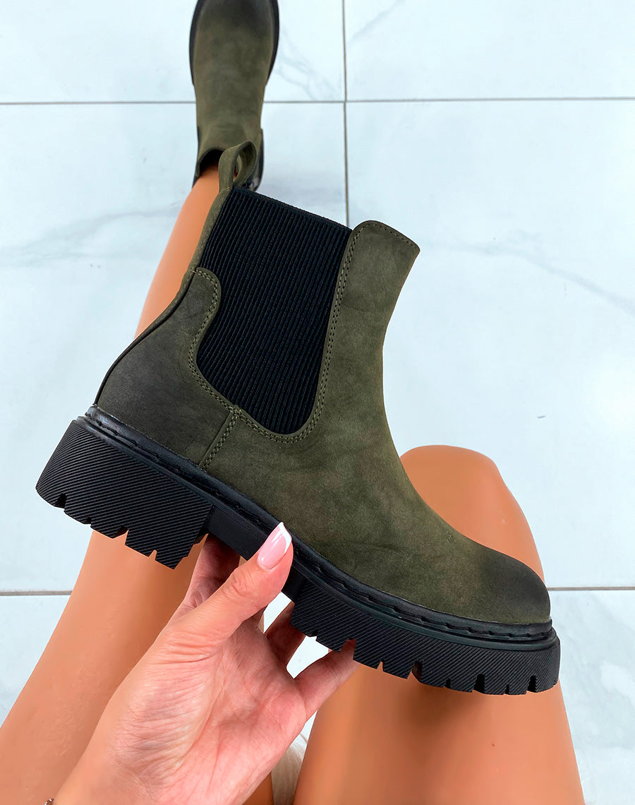 Bottines Chelsea Kaki en Suédine avec Semelle Crantée