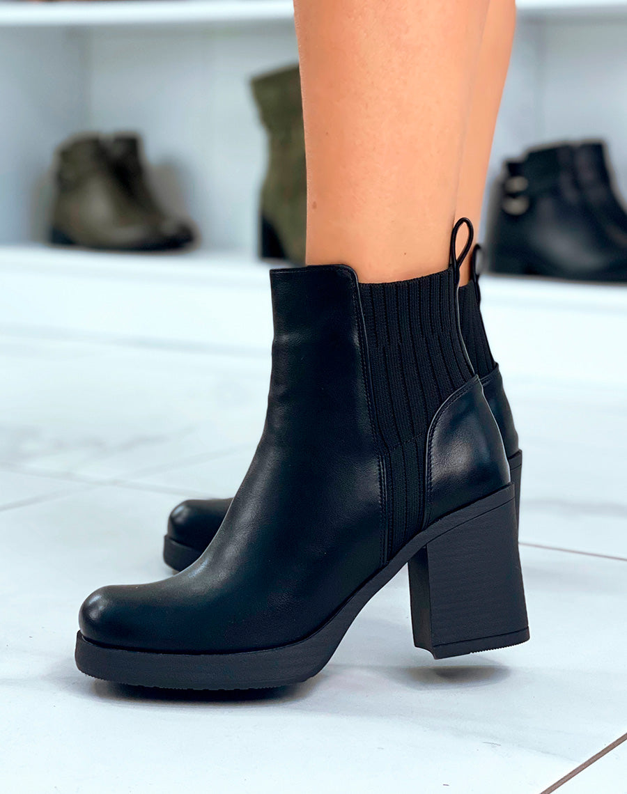 Bottines Chelsea Noires Bi-Matière avec Talon Carré : Le Chic Intemporel pour Femme