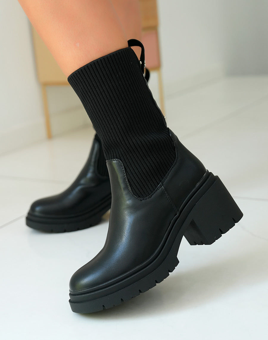 Bottines Chelsea Noires Bi-Matière à Talon Épais pour Femme