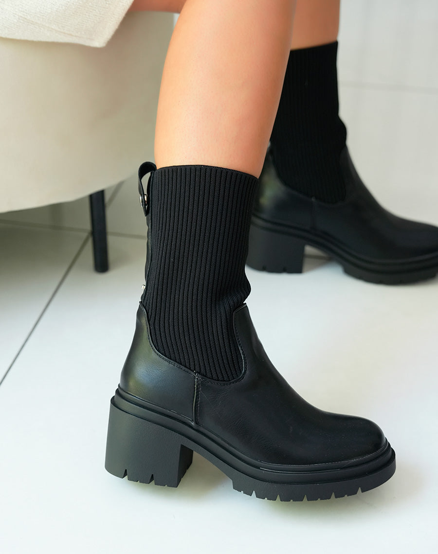 Bottines Chelsea Noires Bi-Matière à Talon Épais pour Femme
