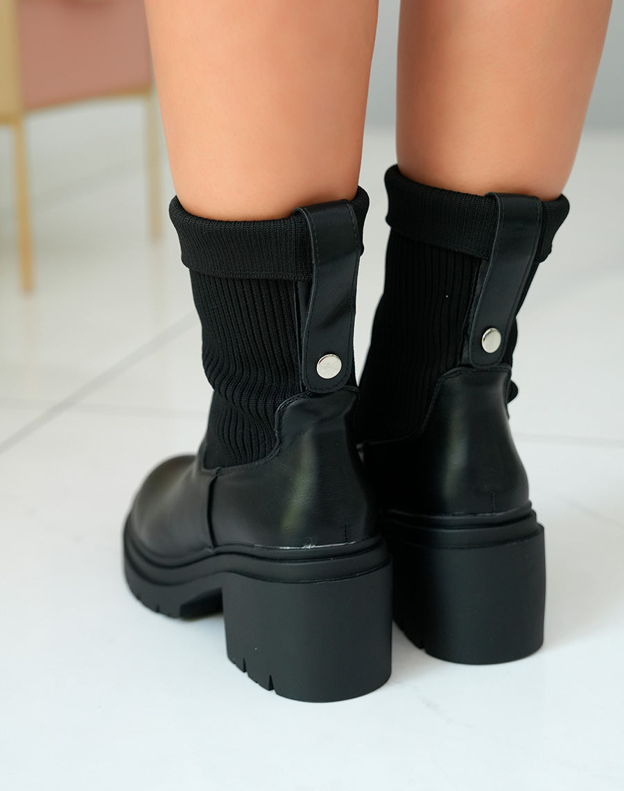 Bottines Chelsea Noires Bi-Matière à Talon Épais pour Femme