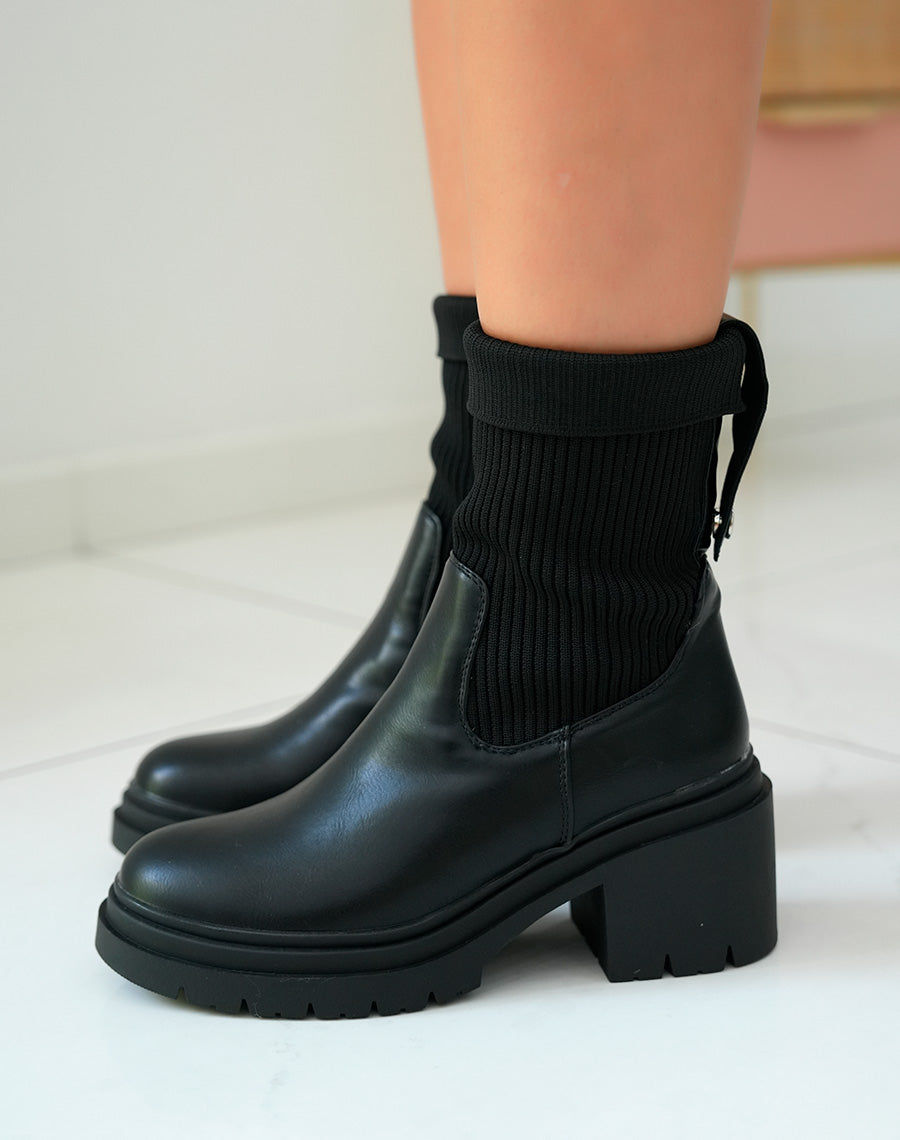 Bottines Chelsea Noires Bi-Matière à Talon Épais pour Femme