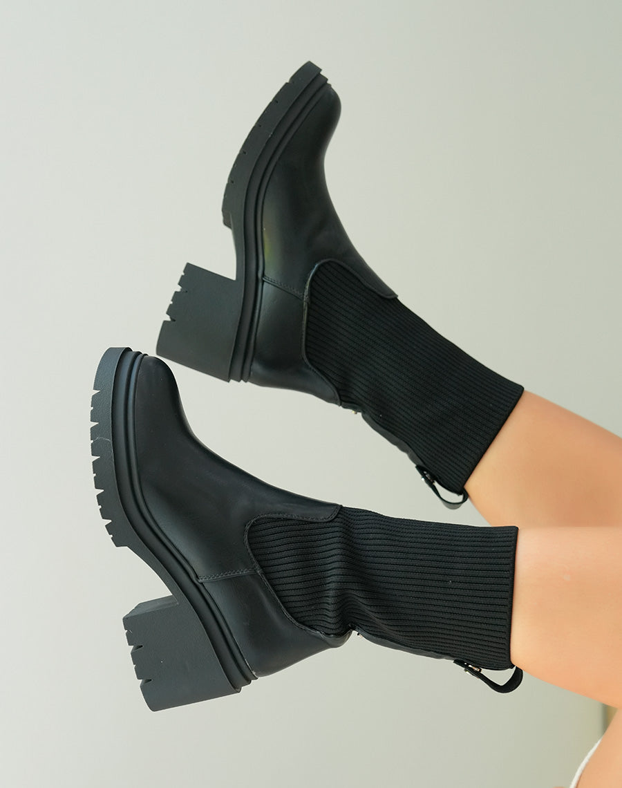 Bottines Chelsea Noires Bi-Matière à Talon Épais pour Femme