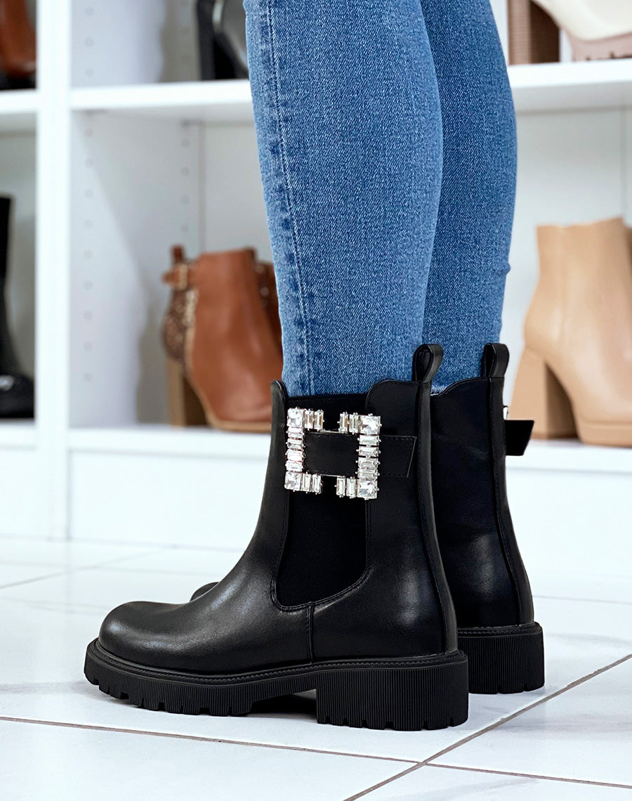 Bottines chelsea noires à détail carré à strass