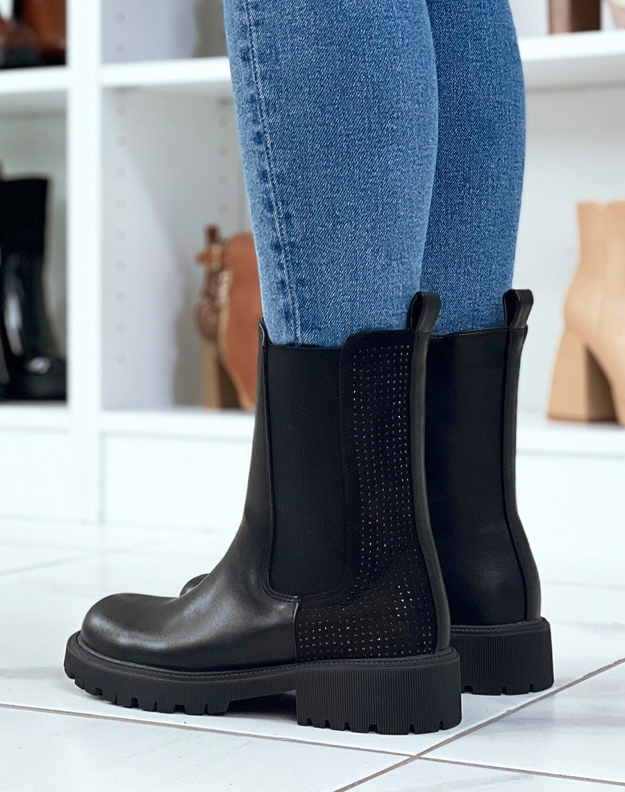 Bottines chelsea noires montantes à strass noirs