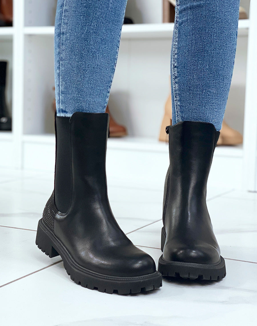 Bottines chelsea noires montantes à strass noirs
