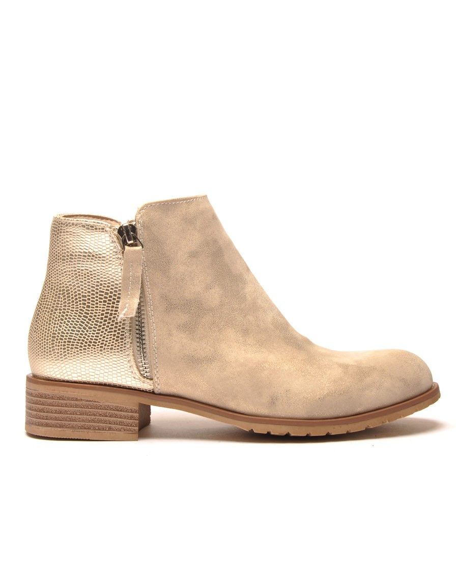 Bottines bi-matière à bride à boucle dorée - Camel
