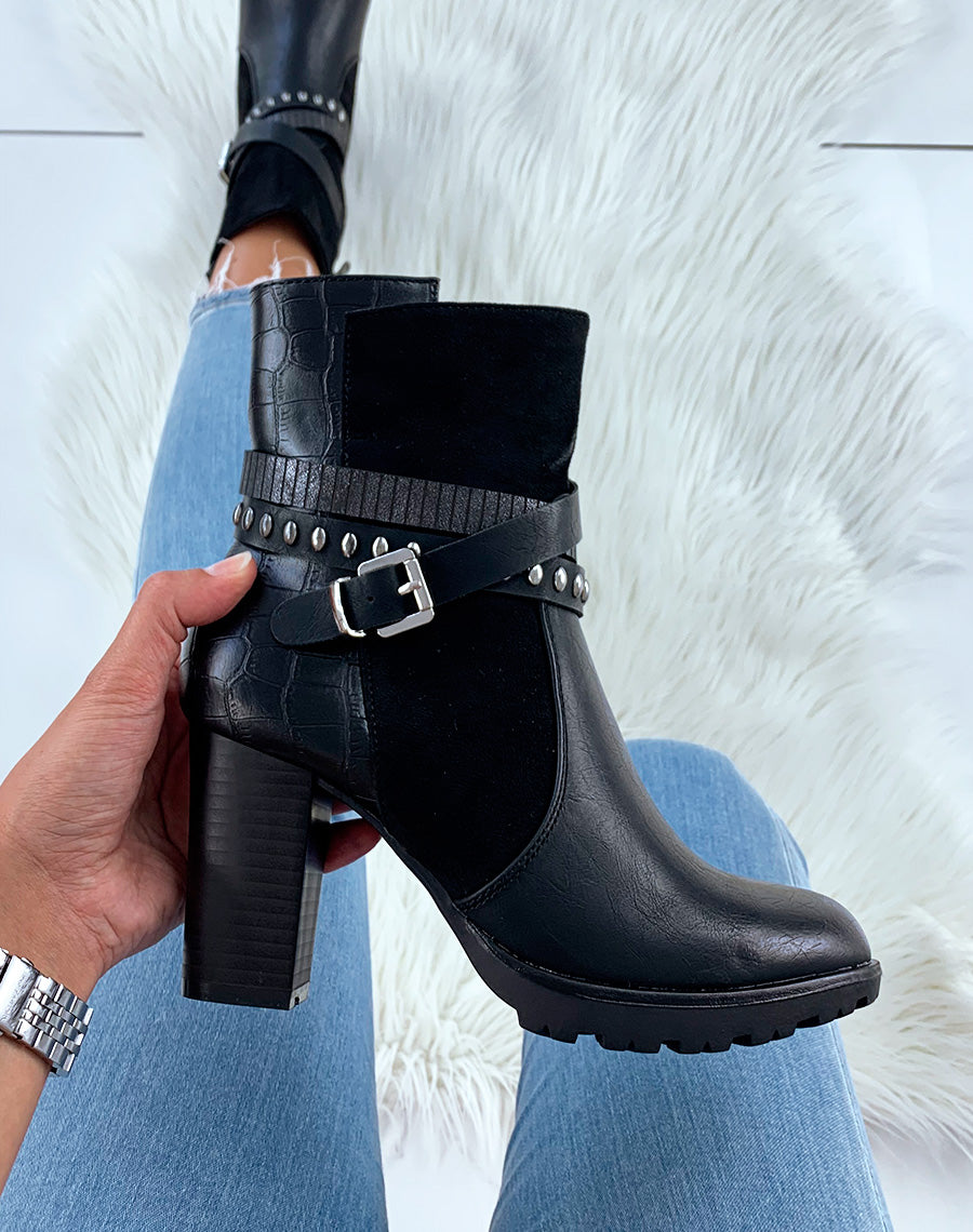 Bottines en bi-matières noires à talons et multiples lanières entrecroisées