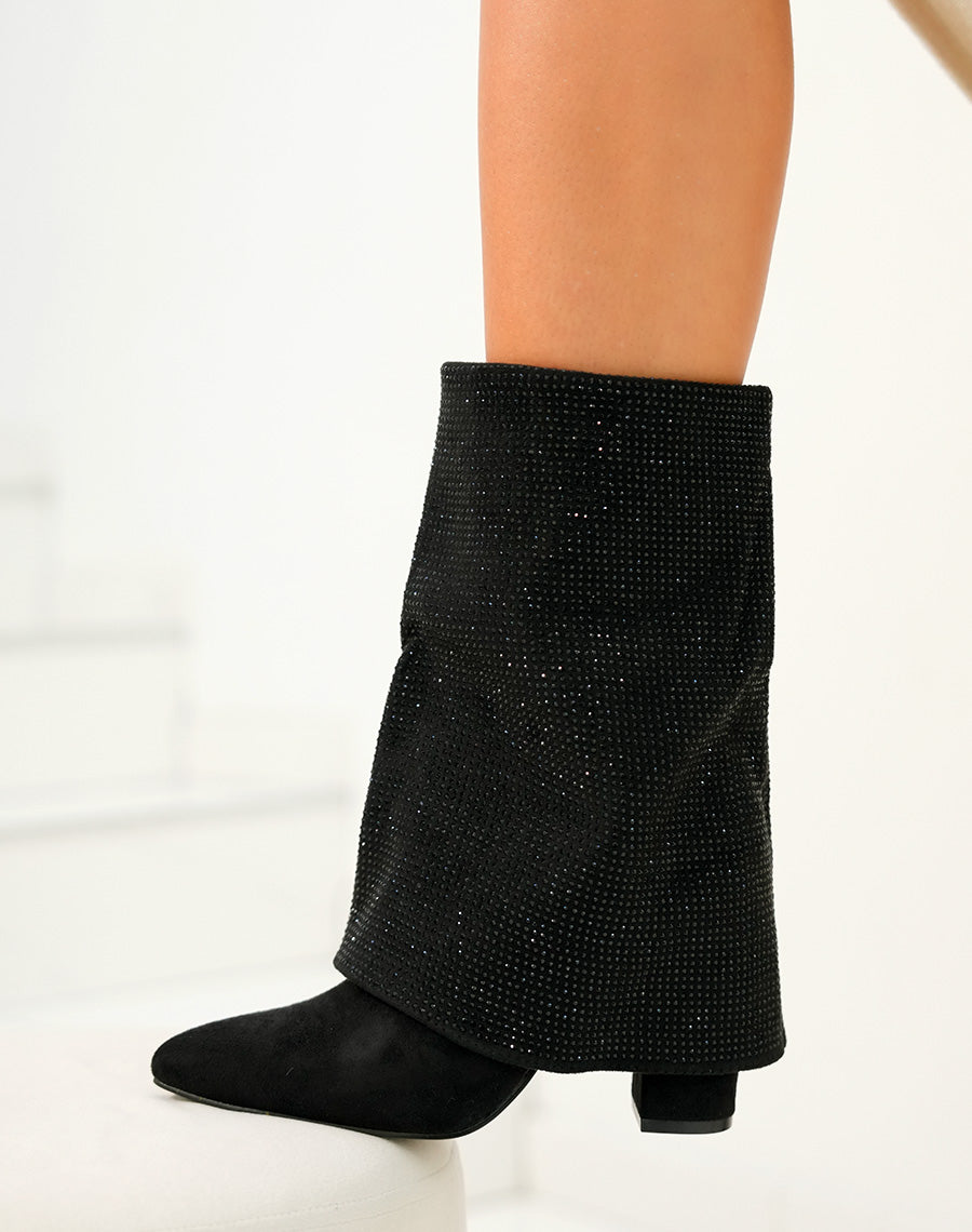 Bottines femme avec revers à strass et bout pointu en suédine