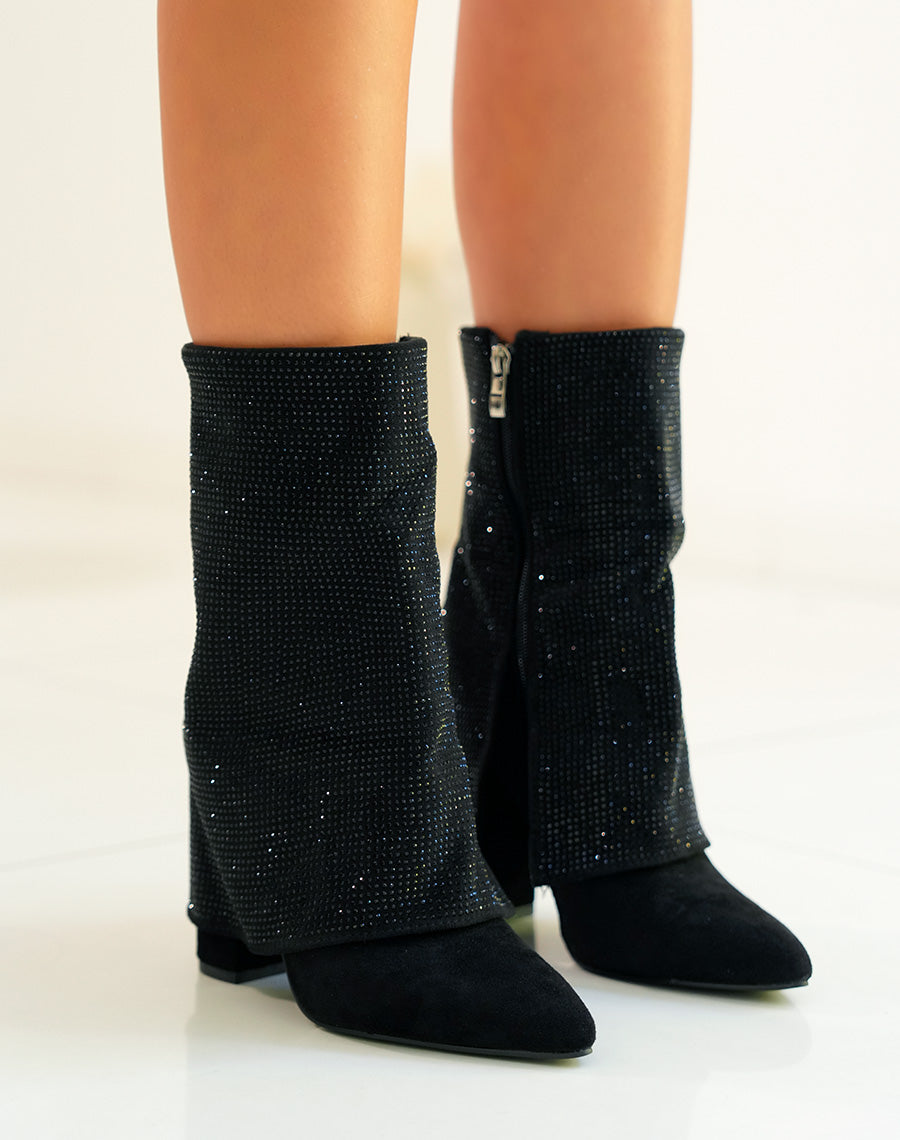 Bottines femme avec revers à strass et bout pointu en suédine