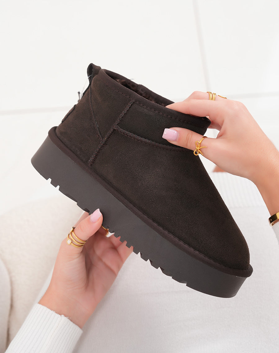 Bottines femme basses en cuir marron fourrées avec plateforme
