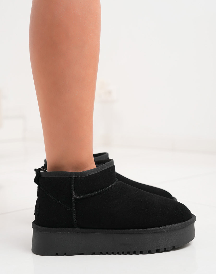 Bottines femme basses en cuir noir fourrées avec plateforme