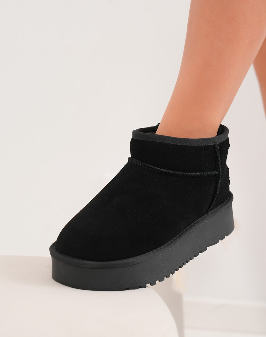 Bottines femme basses en cuir noir fourrées avec plateforme