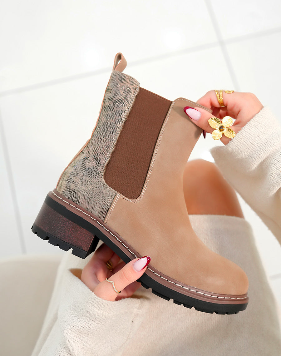 Bottines femme beige bi-matière avec effet crocodile et élastique