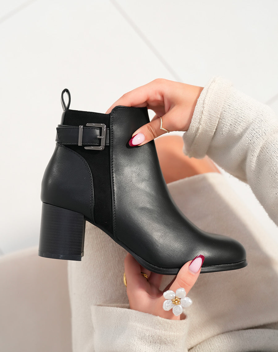 Bottines femme bi-matière noires avec talon épais moyen et sangle argentée