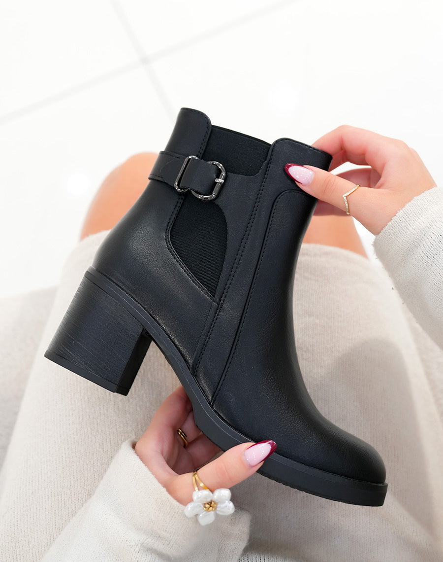 Bottines femme bi-matière noires avec talon épais moyen et sangle argentée