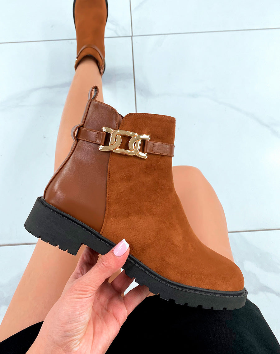 Bottines Femme Camel Distinctives : Bi-Matière & Détails Dorés