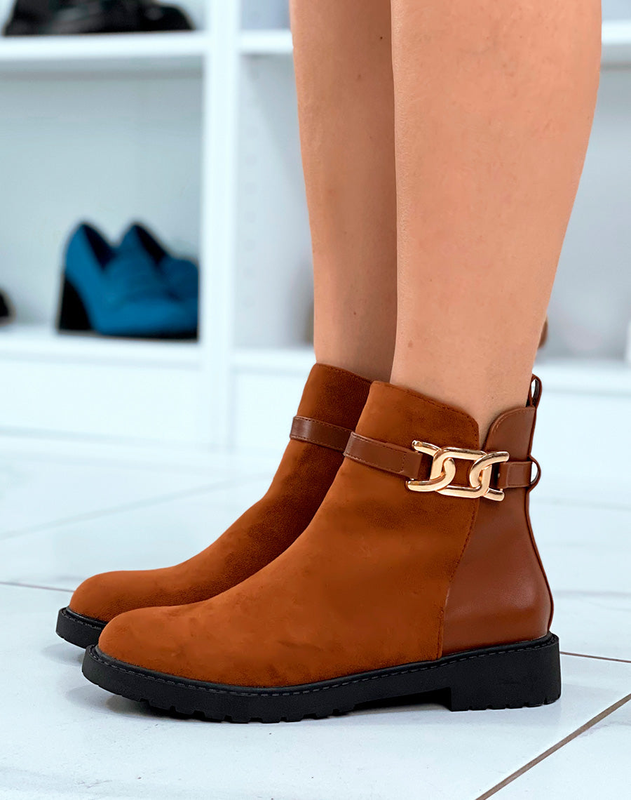 Bottines Femme Camel Distinctives : Bi-Matière & Détails Dorés