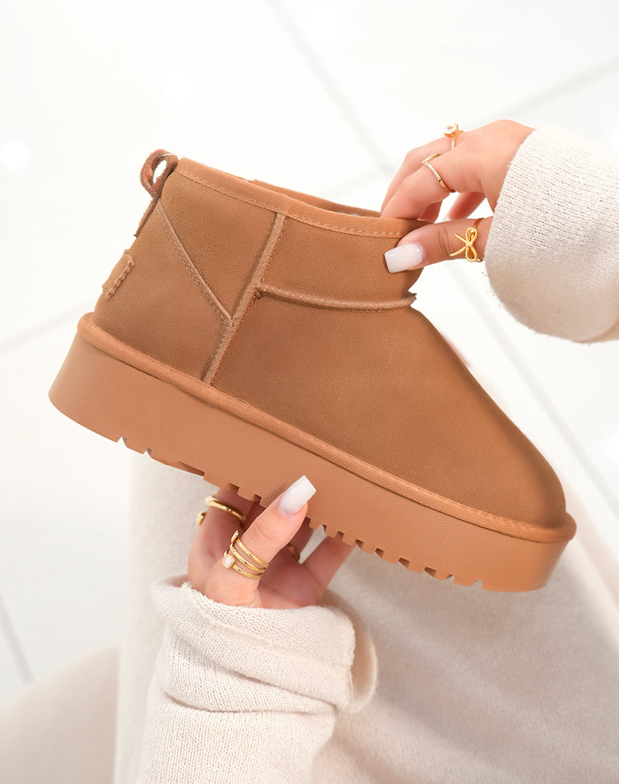 Bottines femme camel en cuir basses à plateforme épaisse fourrées et tendance