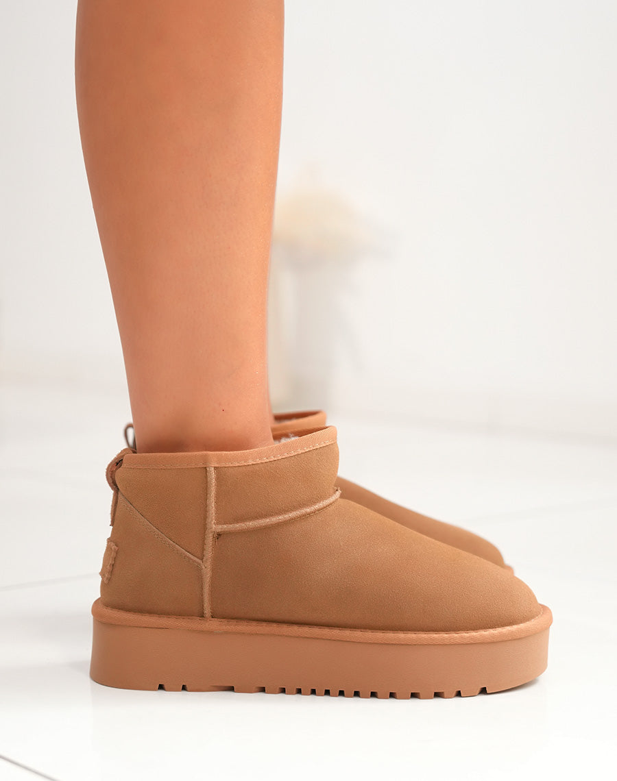 Bottines femme camel en cuir basses à plateforme épaisse fourrées et tendance