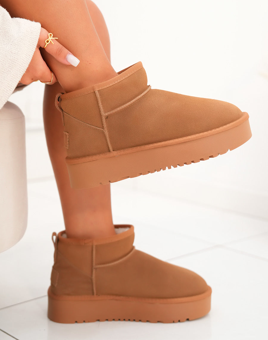 Bottines femme camel en cuir basses à plateforme épaisse fourrées et tendance