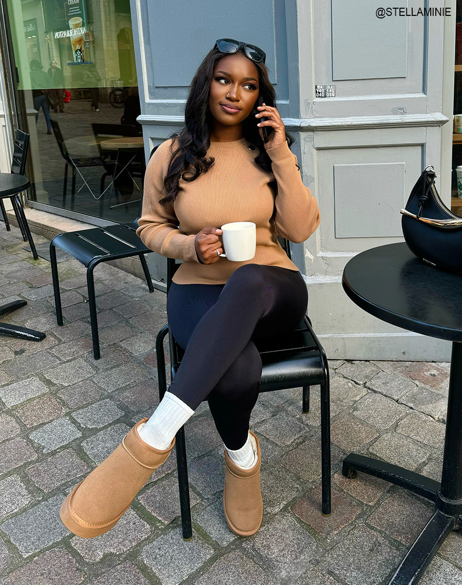 Bottines femme camel en cuir basses à plateforme épaisse fourrées et tendance