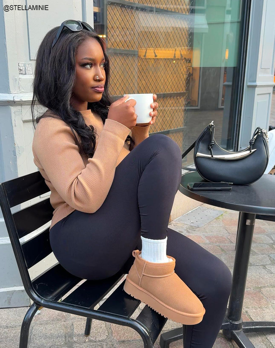 Bottines femme camel en cuir basses à plateforme épaisse fourrées et tendance