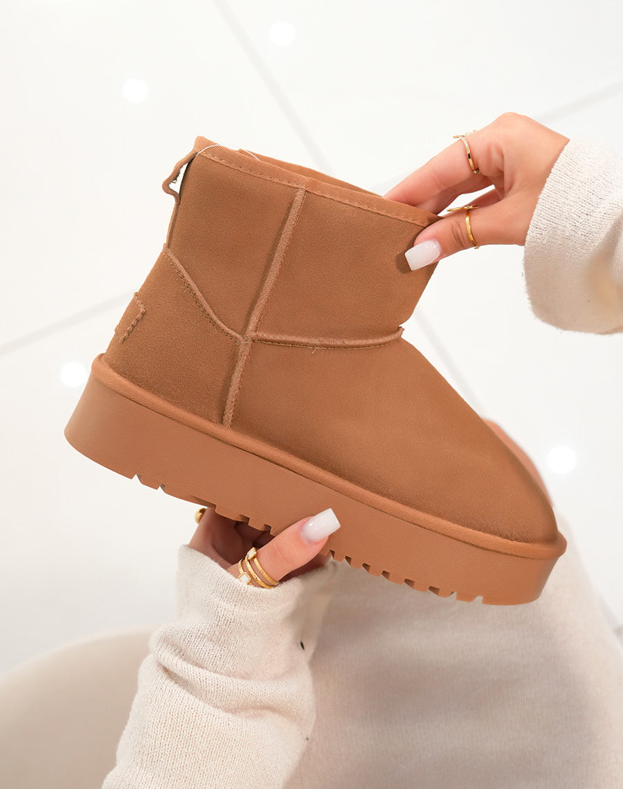 Bottines femme camel en cuir mi-hautes à plateforme épaisse fourrées et tendance