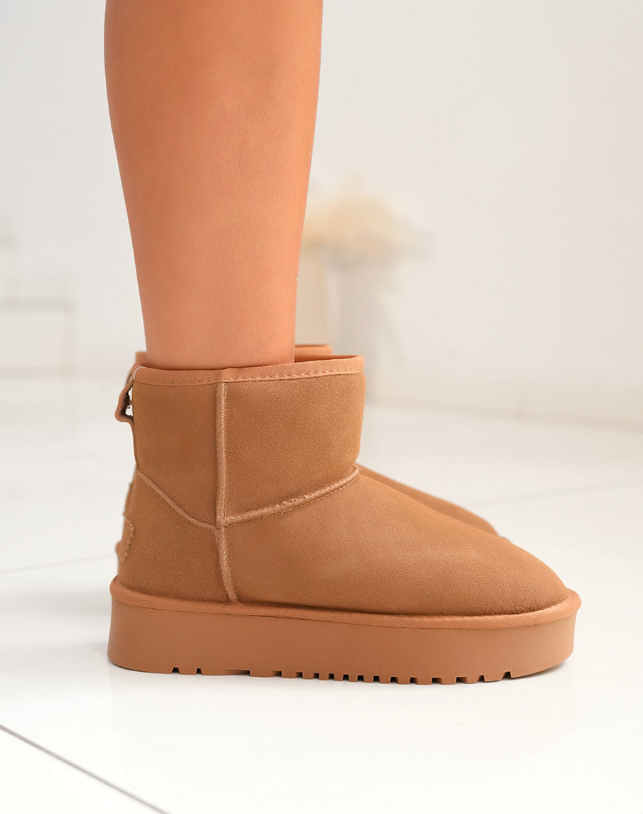 Bottines femme camel en cuir mi-hautes à plateforme épaisse fourrées et tendance