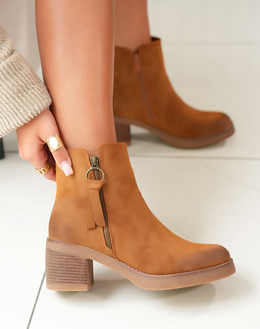 Bottines Femme Camel : L'Équilibre Confort & Style Effet Daim & Zip