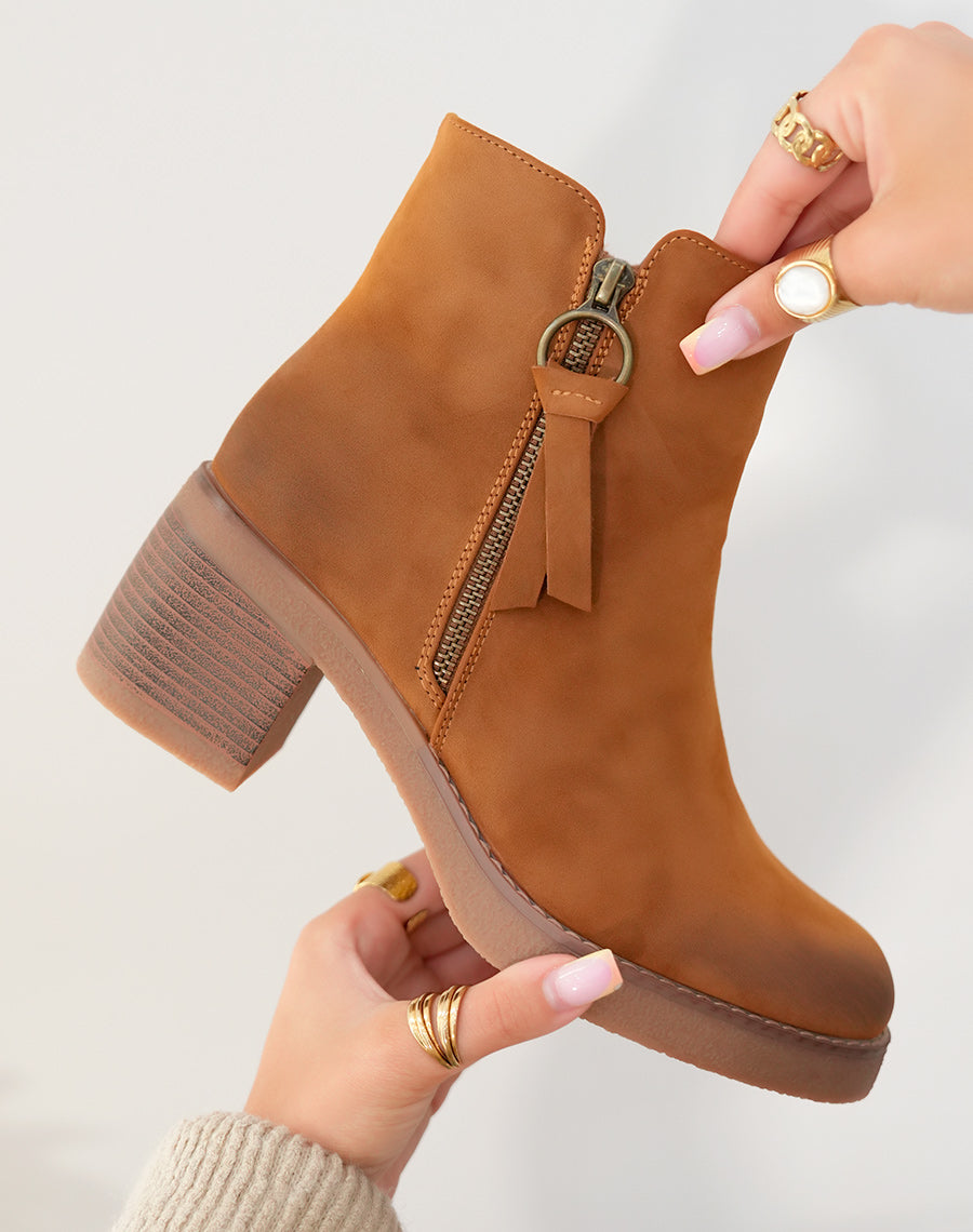 Bottines Femme Camel : L'Équilibre Confort & Style Effet Daim & Zip