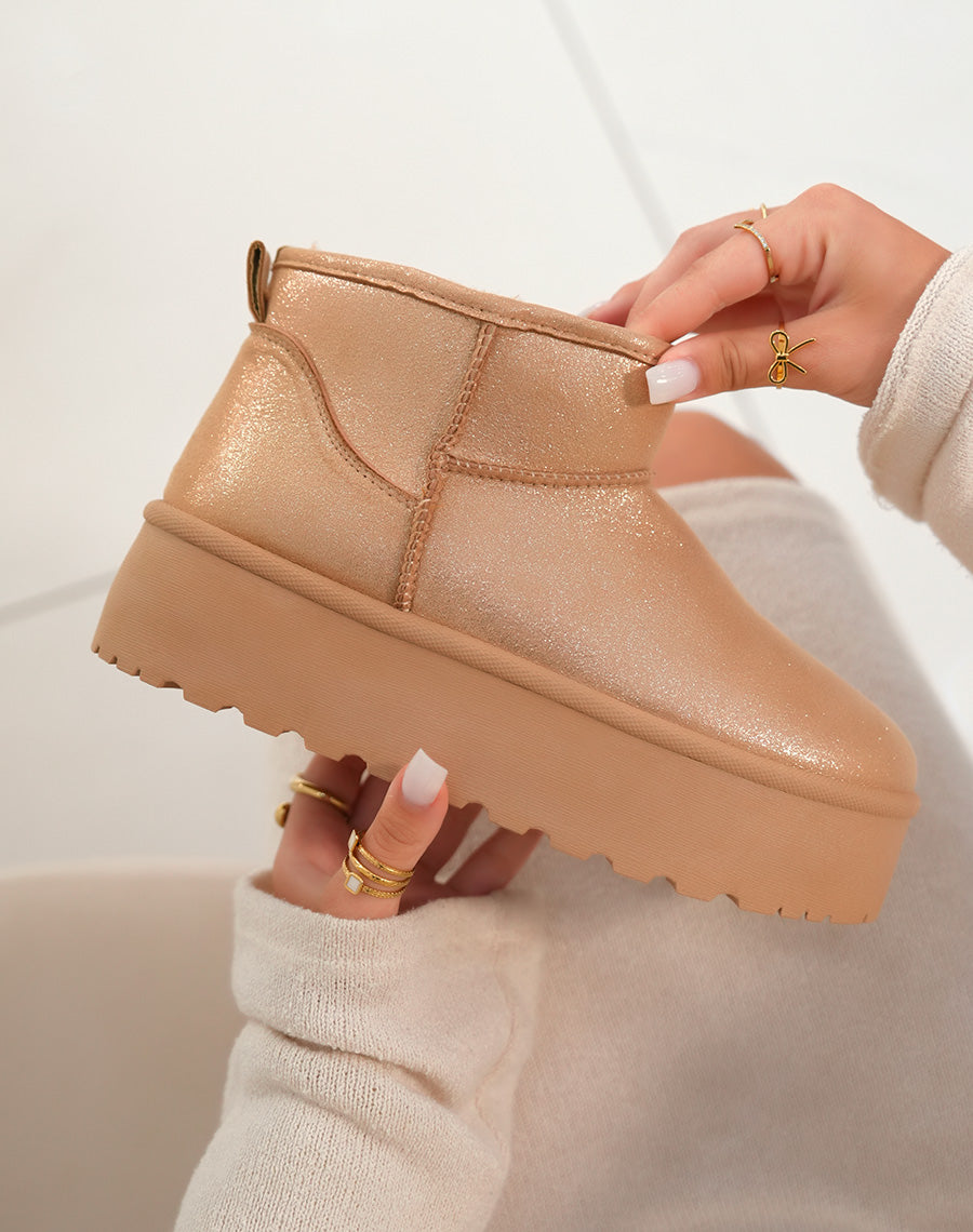 Bottines femme camel métallisé rosegold tendance avec grosse plateforme et intérieur fourré