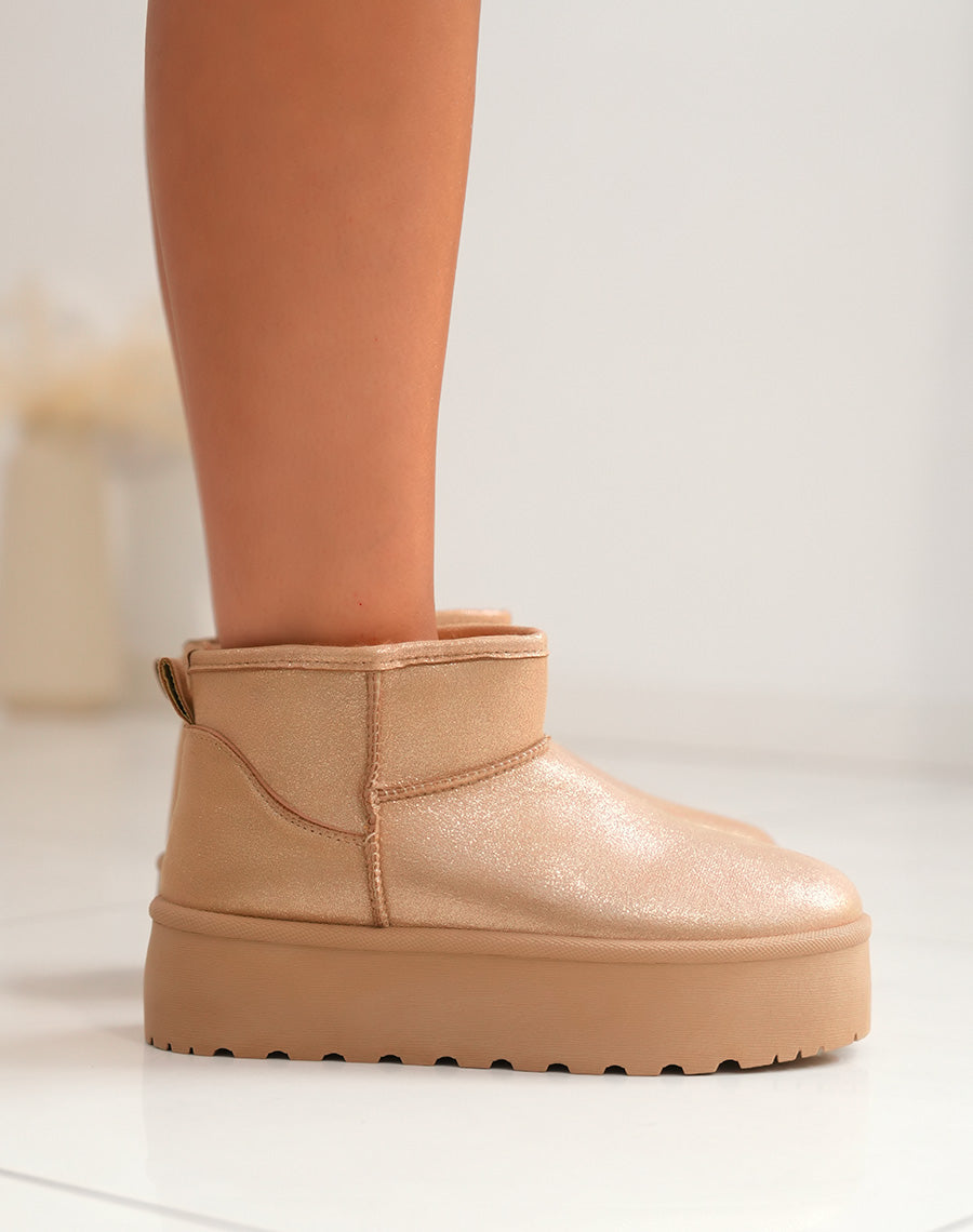 Bottines femme camel métallisé rosegold tendance avec grosse plateforme et intérieur fourré