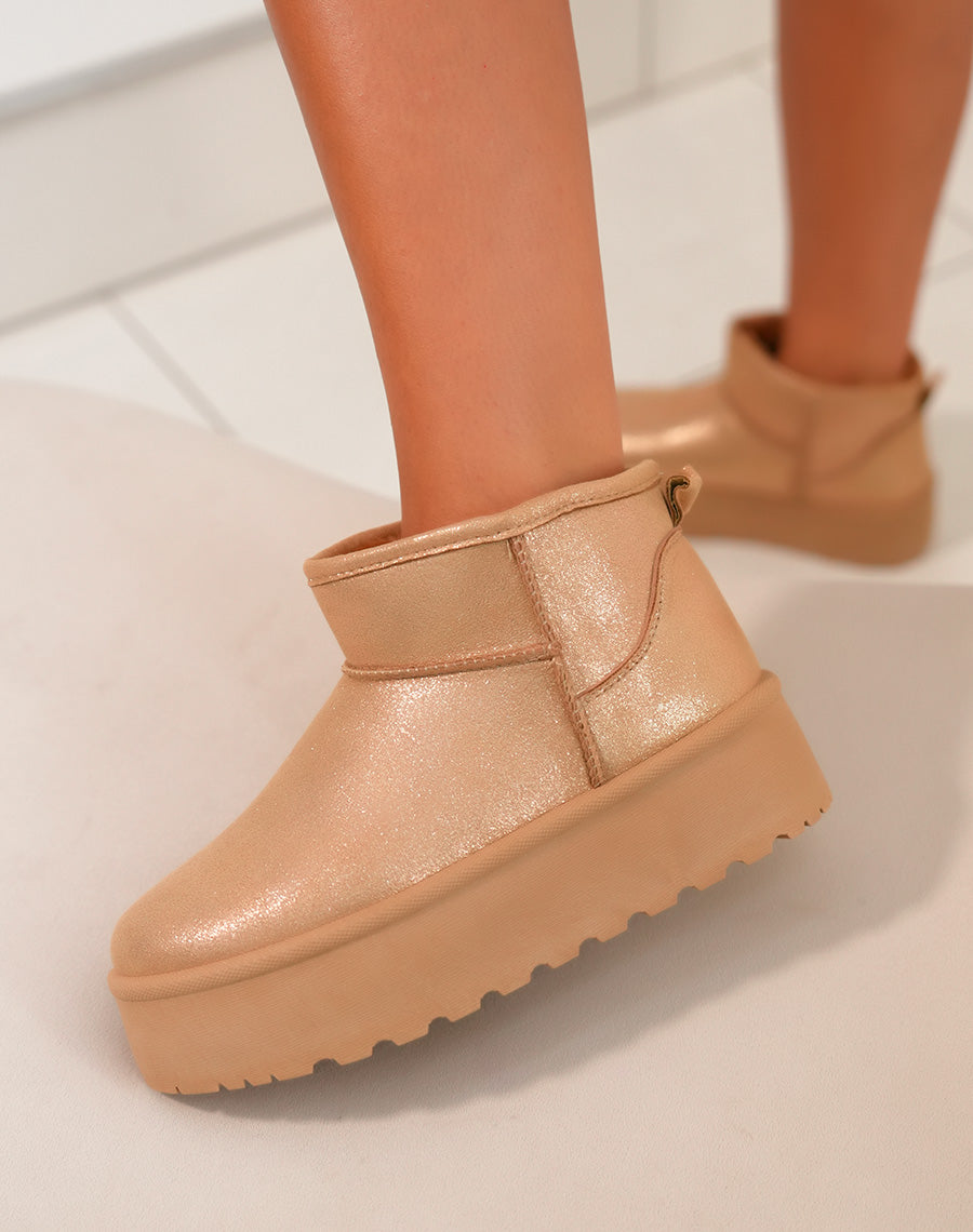 Bottines femme camel métallisé rosegold tendance avec grosse plateforme et intérieur fourré