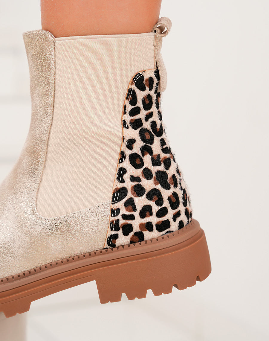 Bottines femme dorées avec empiècement léopard et semelle crantée