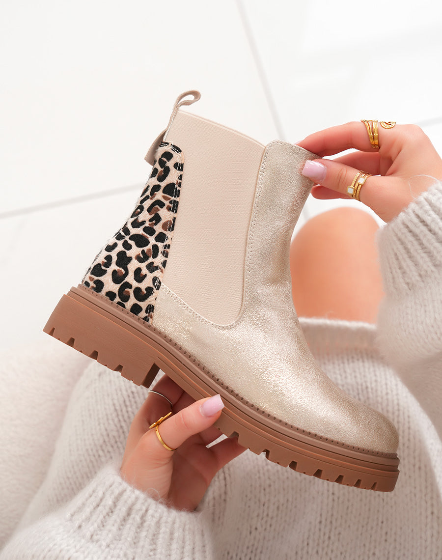 Bottines femme dorées avec empiècement léopard et semelle crantée