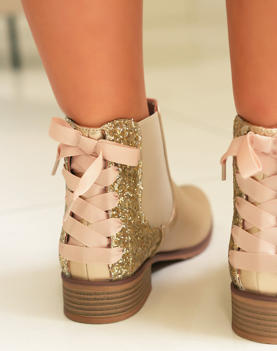 Bottines Femme Dorées Brillantes : Paillettes Nœud & Élasticité