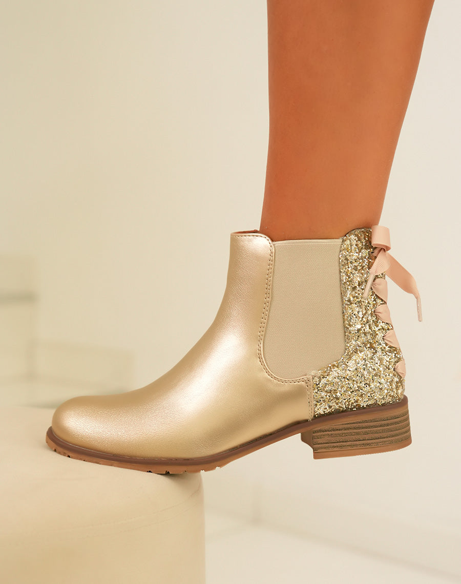 Bottines Femme Dorées Brillantes : Paillettes Nœud & Élasticité