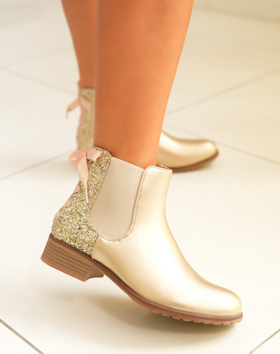 Bottines Femme Dorées Brillantes : Paillettes Nœud & Élasticité