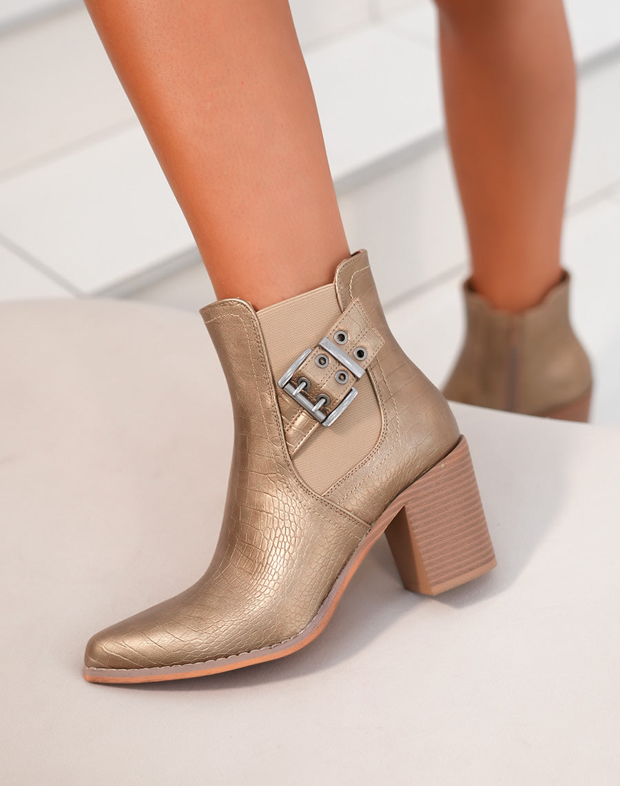 Bottines femme dorées texturées avec talon et sangles argentées