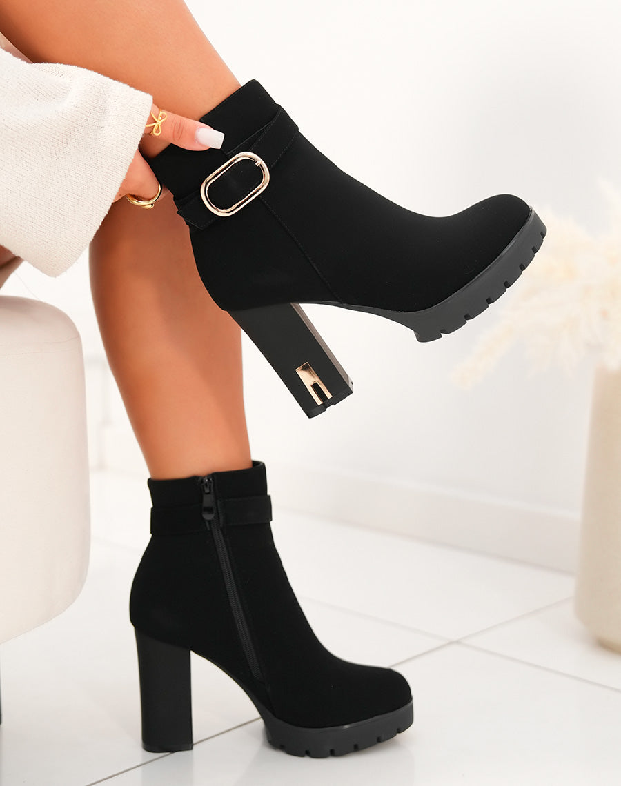 Bottines femme en suédine noire avec éclat doré