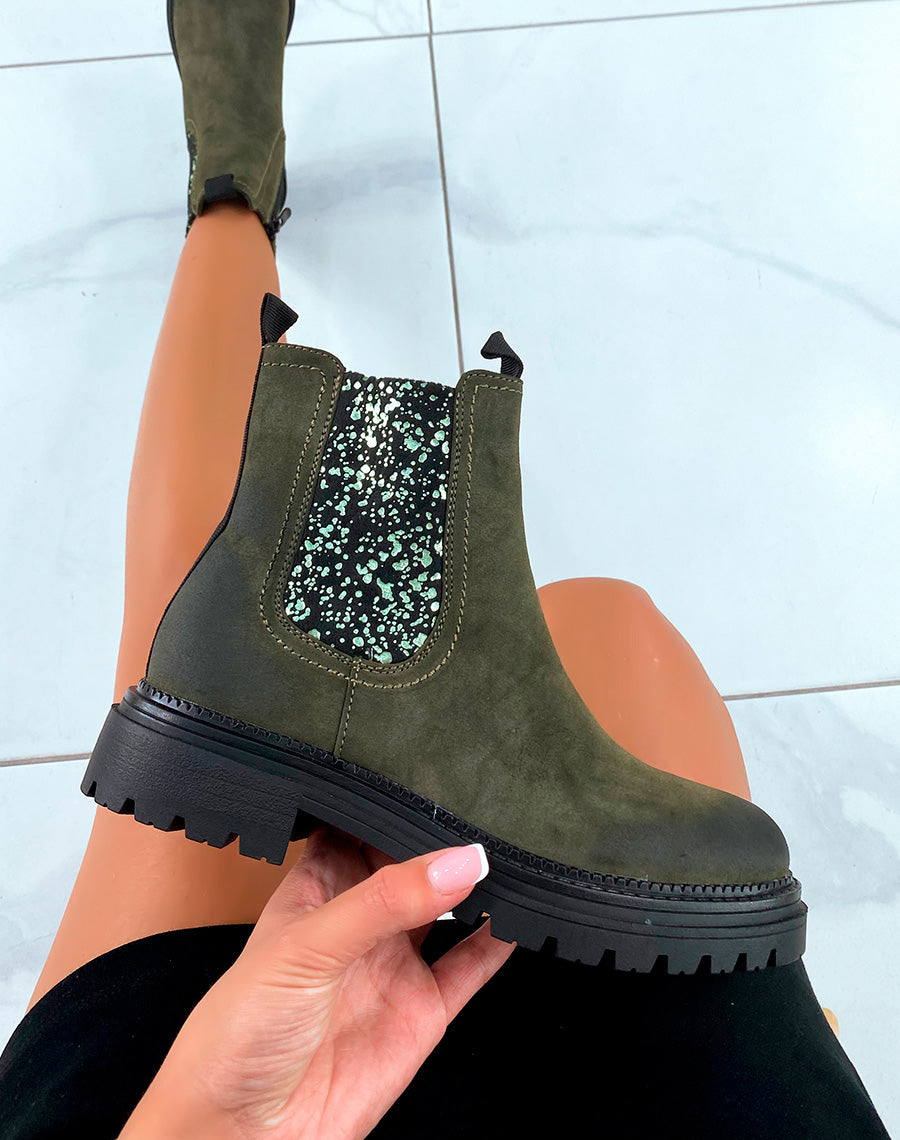 Bottines femme kaki avec détail brillant